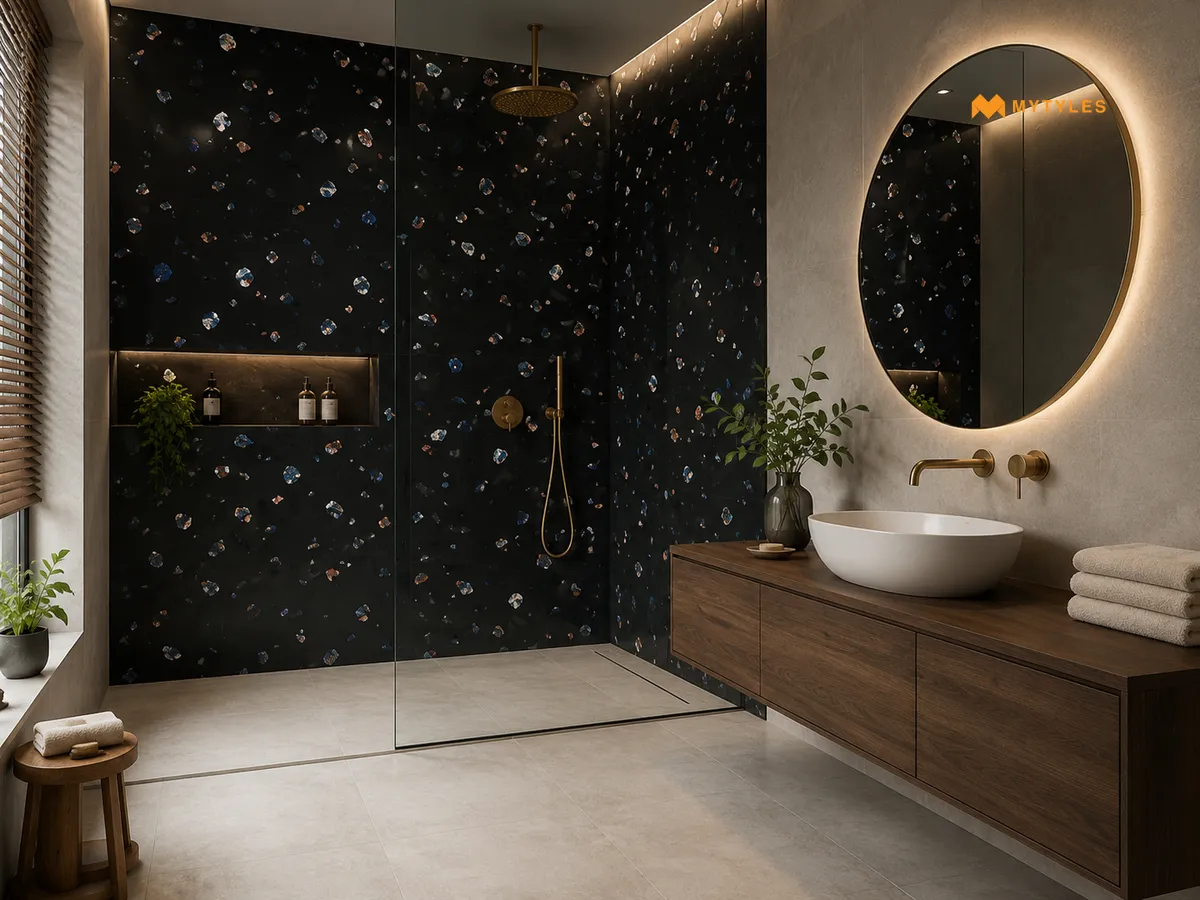Cosmic Black Glossy Terrazzo Tile In Bathroom Wall